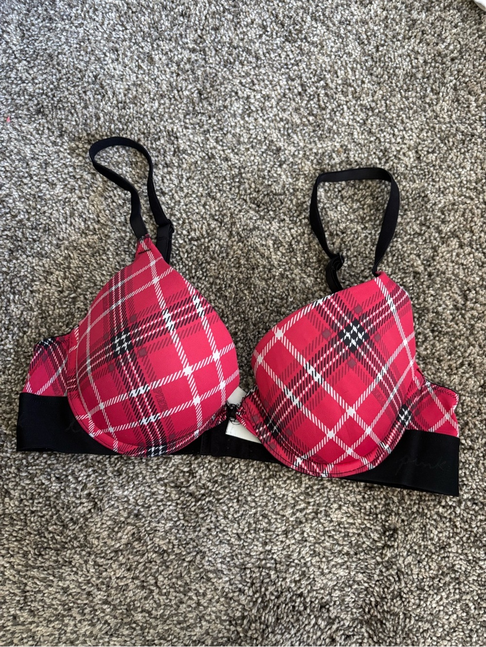 PINK Victoria's Secret Red Plaid Push-Up Bra with Black Band
